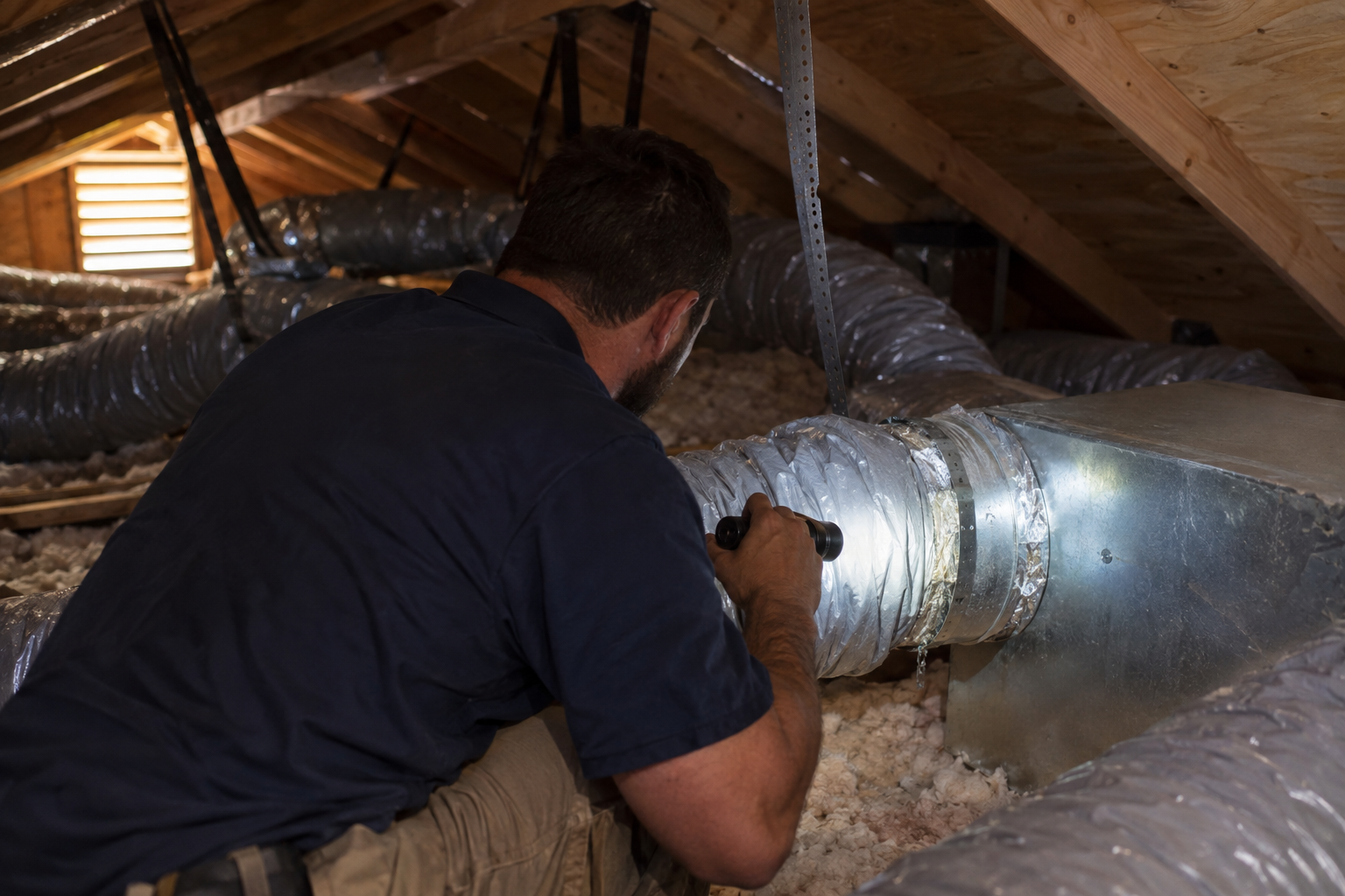 Technician with a flashlight checking flex duct runs in an attic