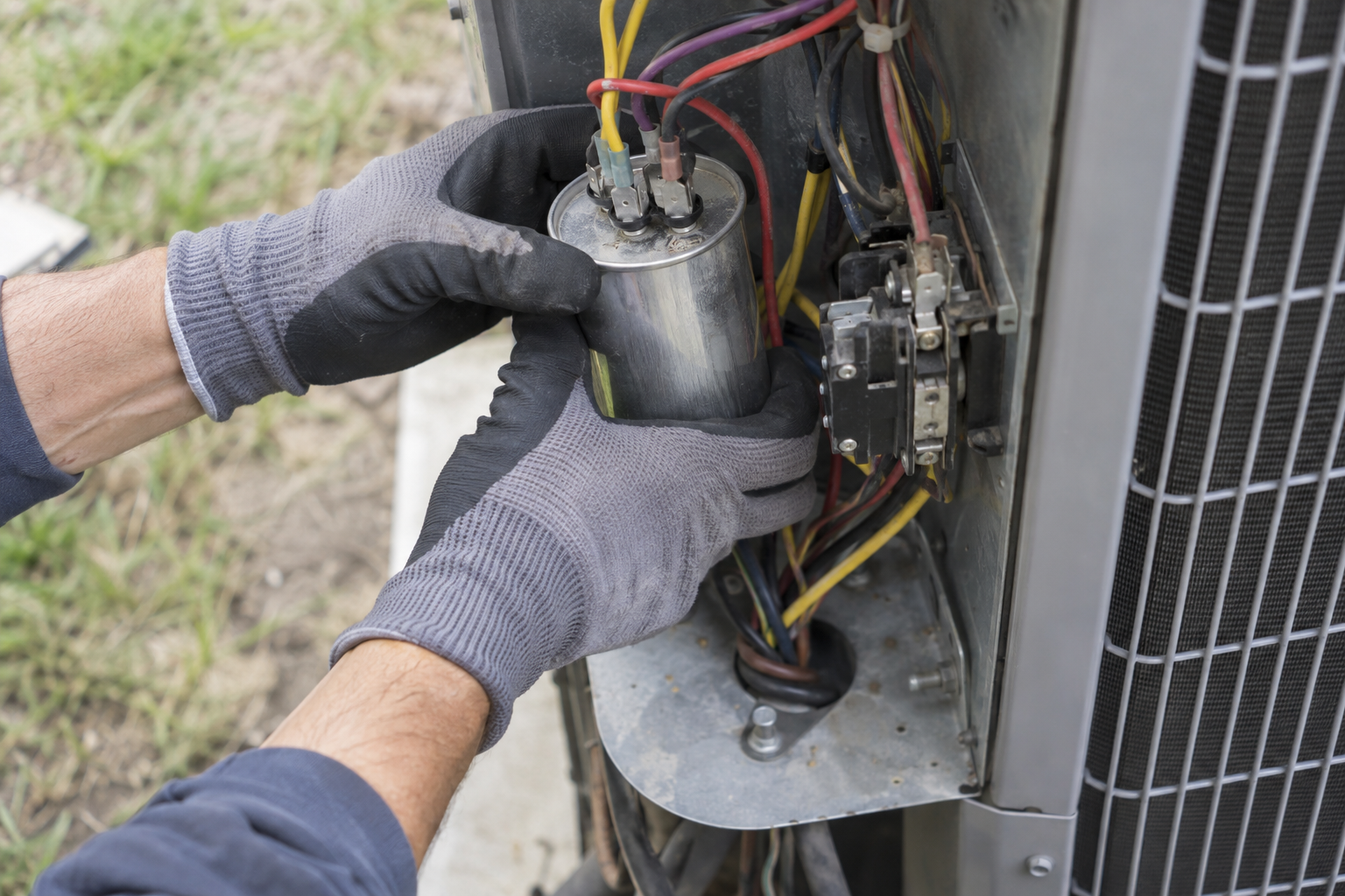 Gloved hands lifting a run capacitor out of an outdoor condenser's electrical compartment