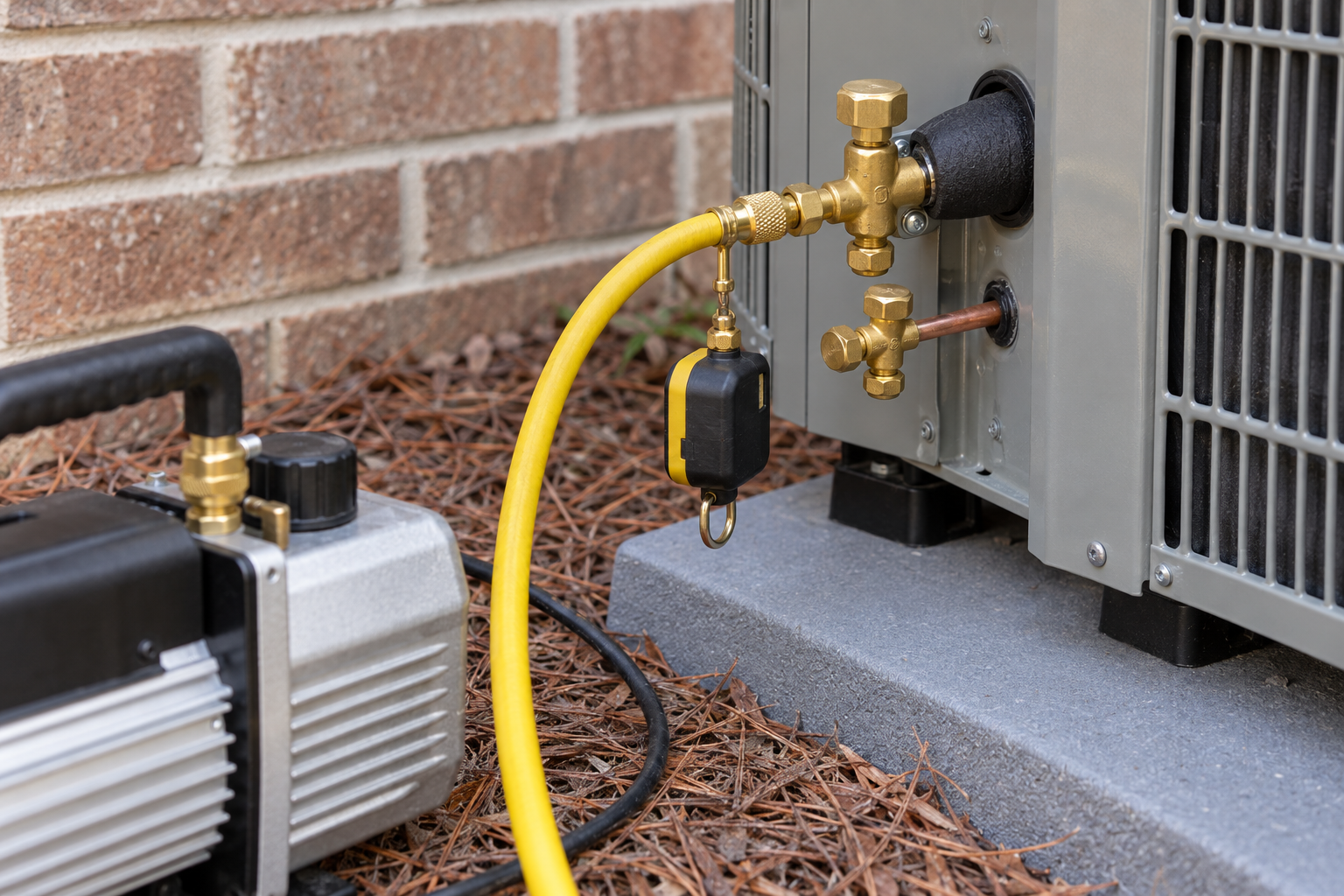 Vacuum pump hoses connected to the service ports of a new outdoor condenser