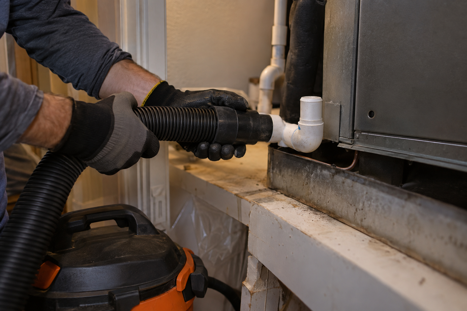 Condensate drain line being cleared at an indoor air handler with a shop vacuum