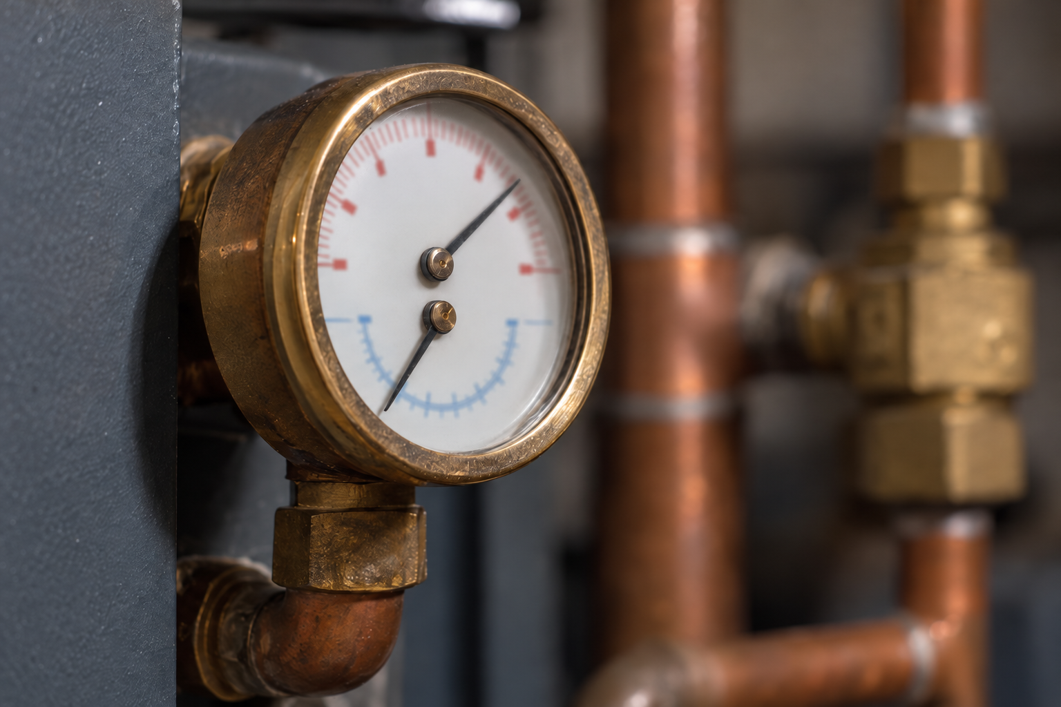 Pressure and temperature gauge on the front of a hot water boiler