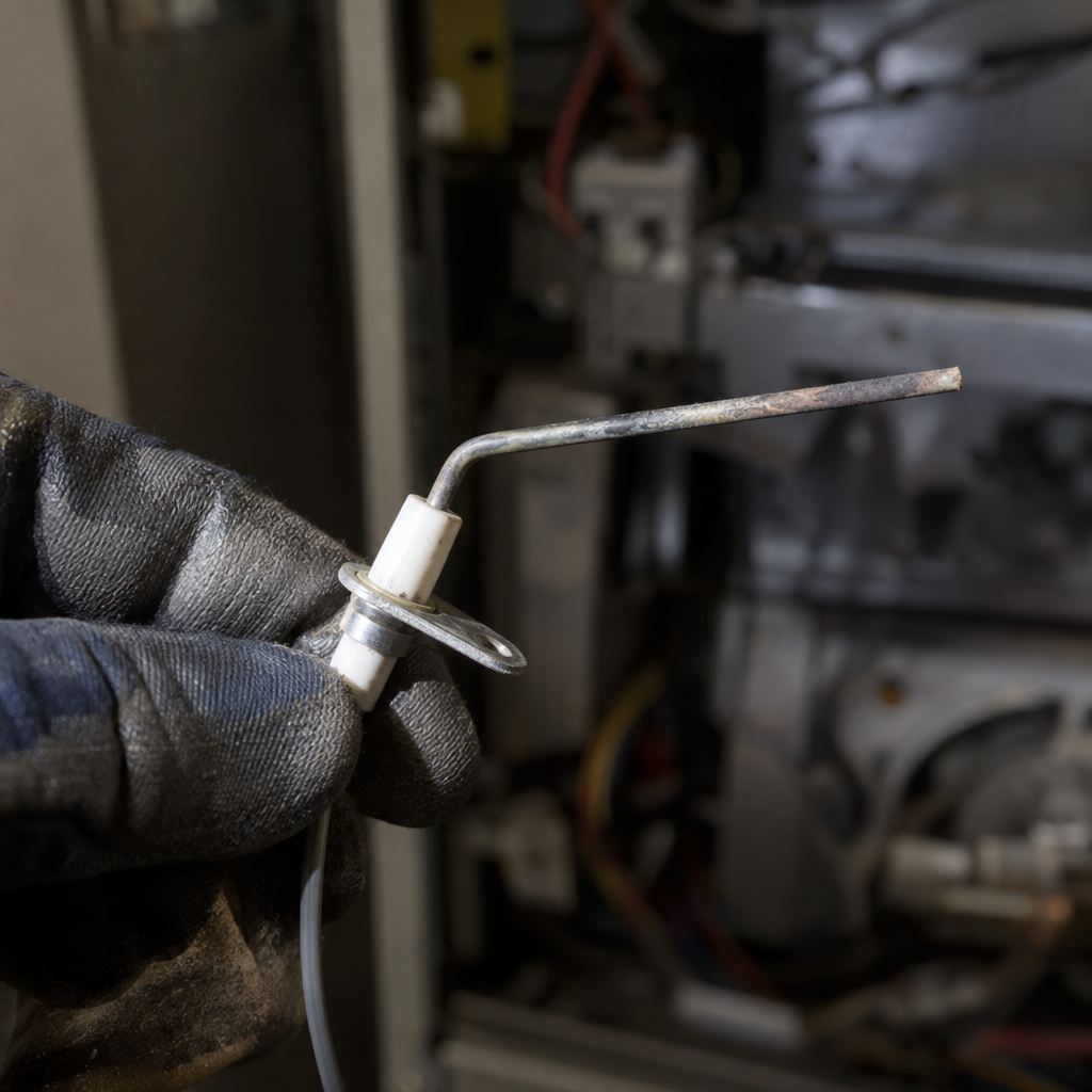 Oxidized furnace flame sensor rod held under a flashlight beam