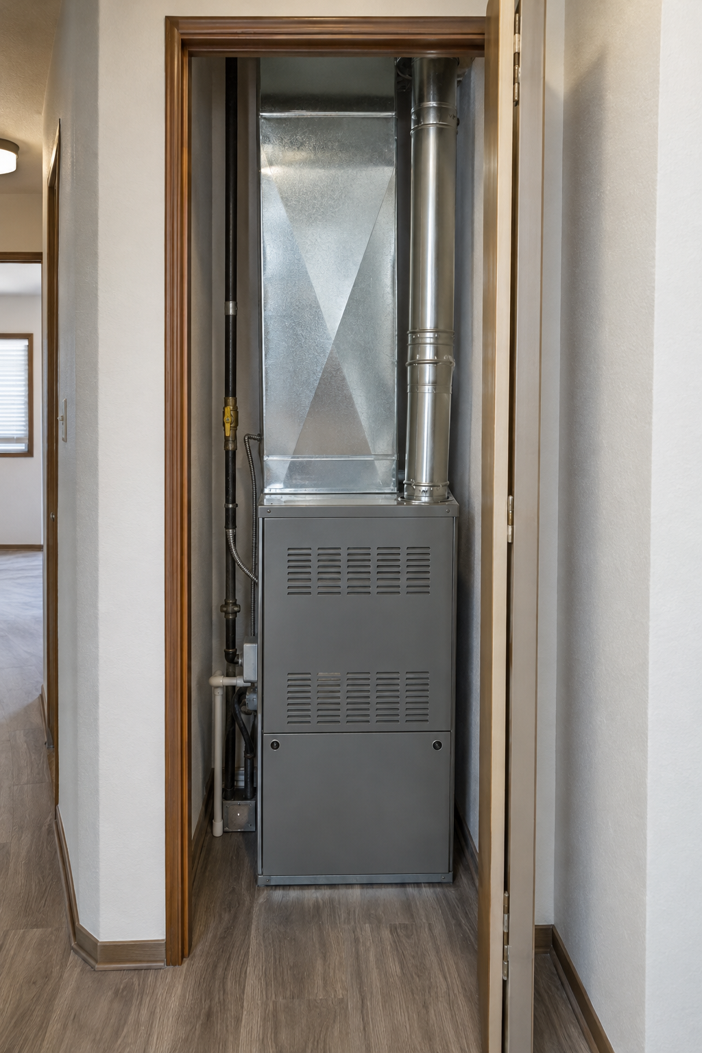 New gas furnace set in a hall closet with a fresh sheet-metal plenum and a new flue pipe
