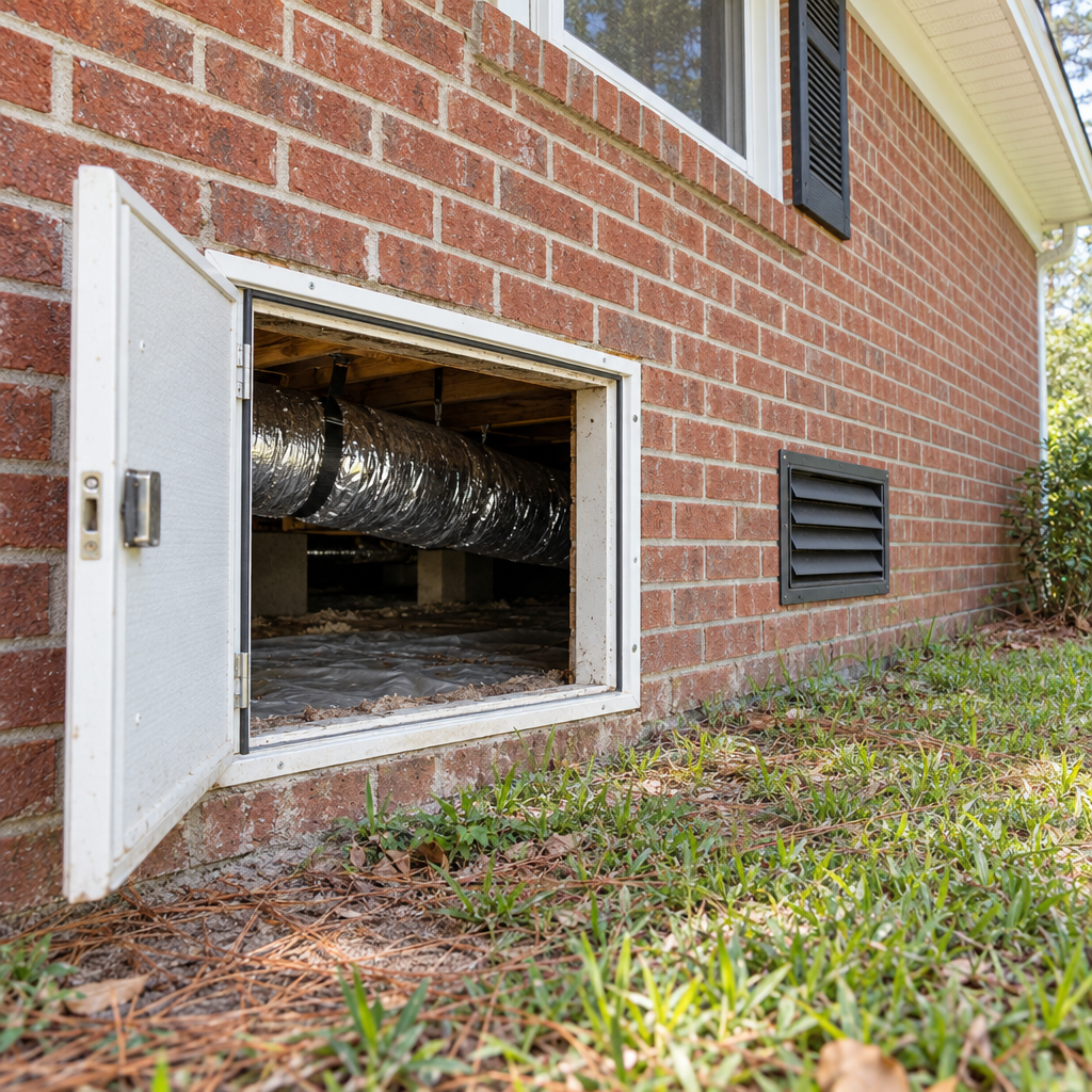 Open crawlspace access door in the brick foundation of an older ranch house, flex duct visible inside