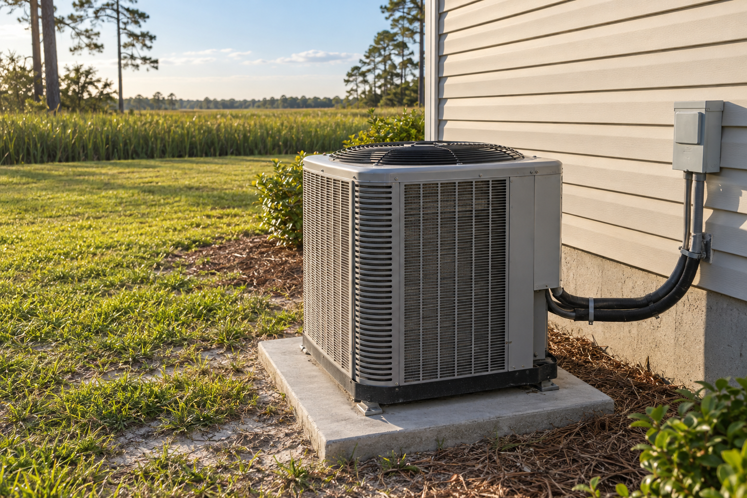 Outdoor AC condenser on a concrete pad beside a house on a flat lot with marsh grass behind