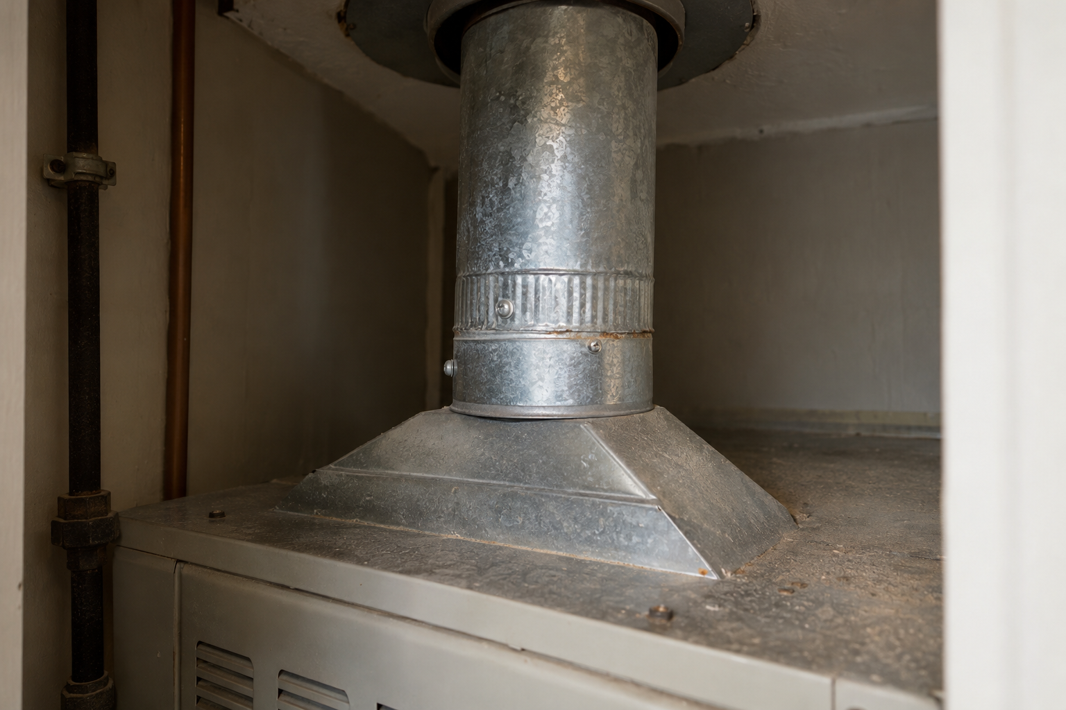 Galvanized flue pipe joined to the draft hood on top of an older gas furnace