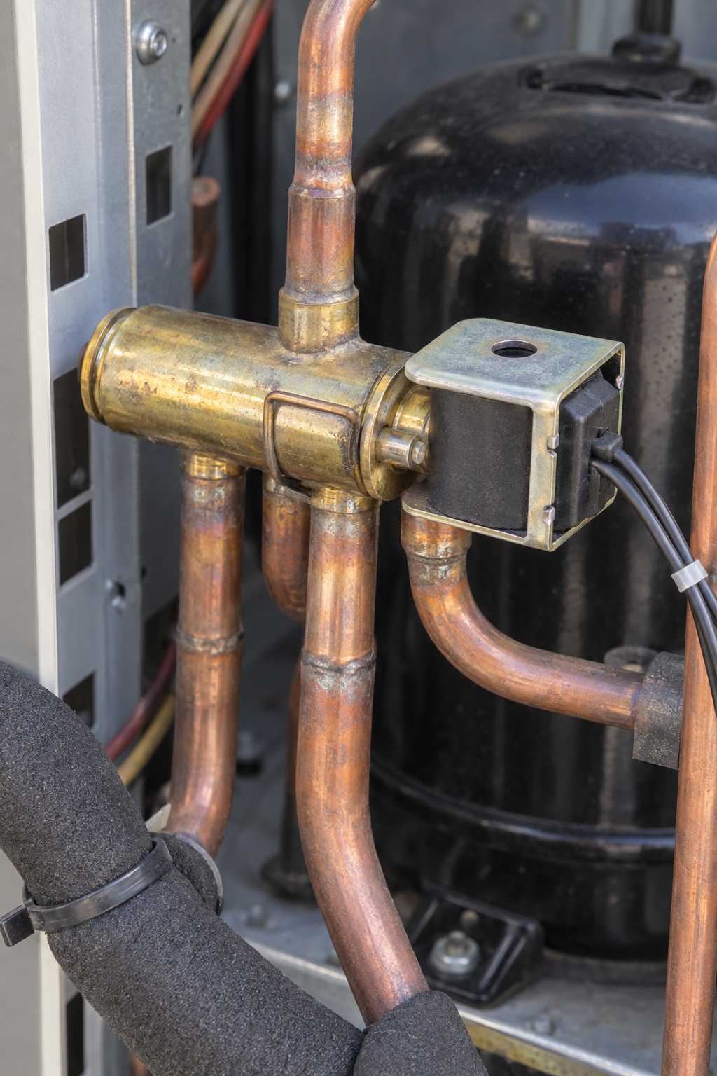 Brass reversing valve and its solenoid coil inside an open heat pump outdoor unit