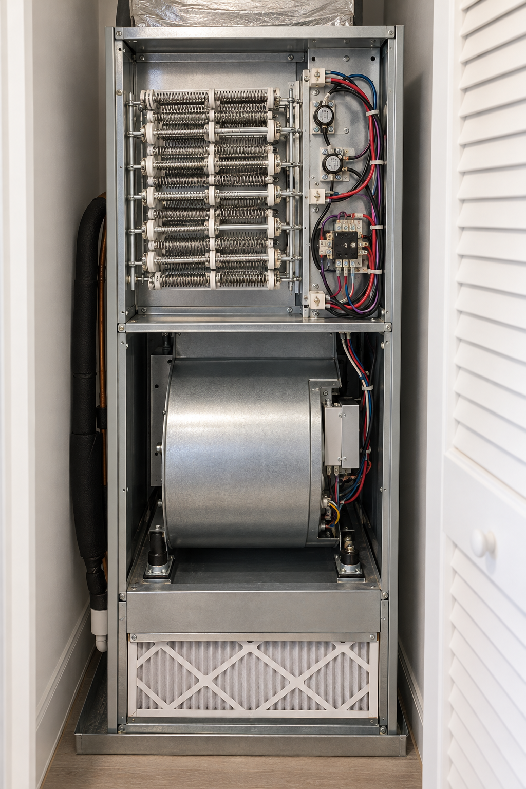 New heat pump air handler in a hall closet with its electric heat strip kit exposed above the blower