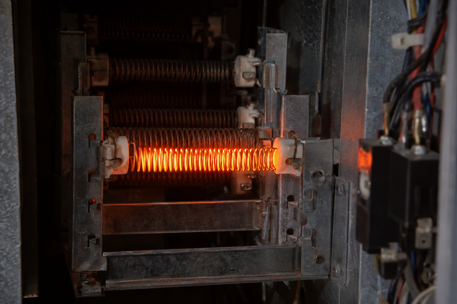 Electric heat strip coils glowing orange inside an open furnace cabinet