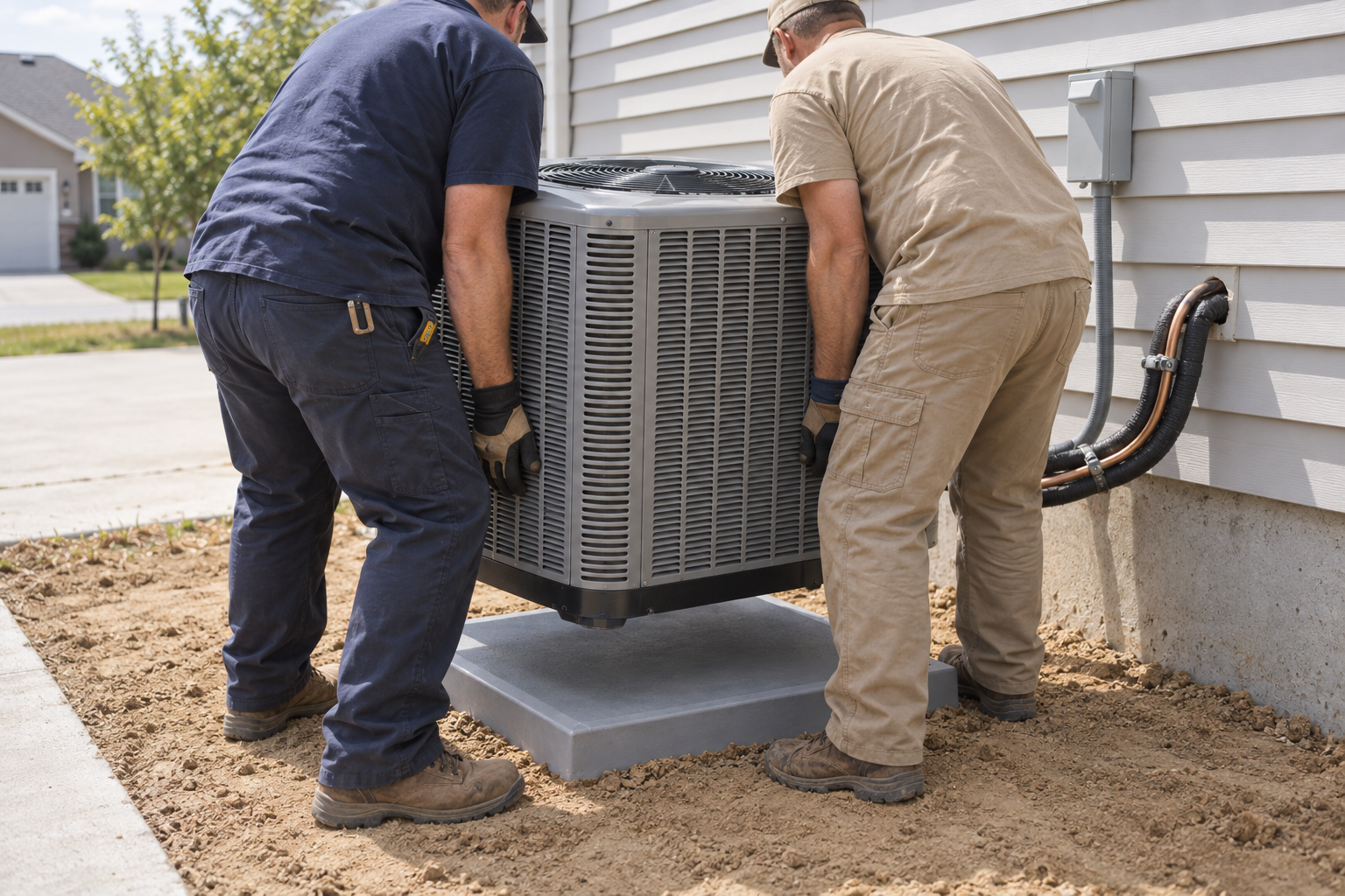 Two workers lowering a new condenser onto a fresh pad beside a house