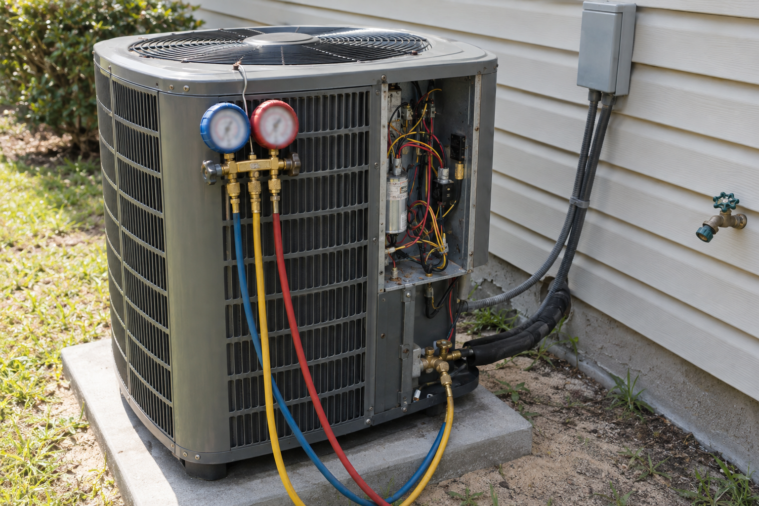 Outdoor condenser with its service panel off and gauges attached