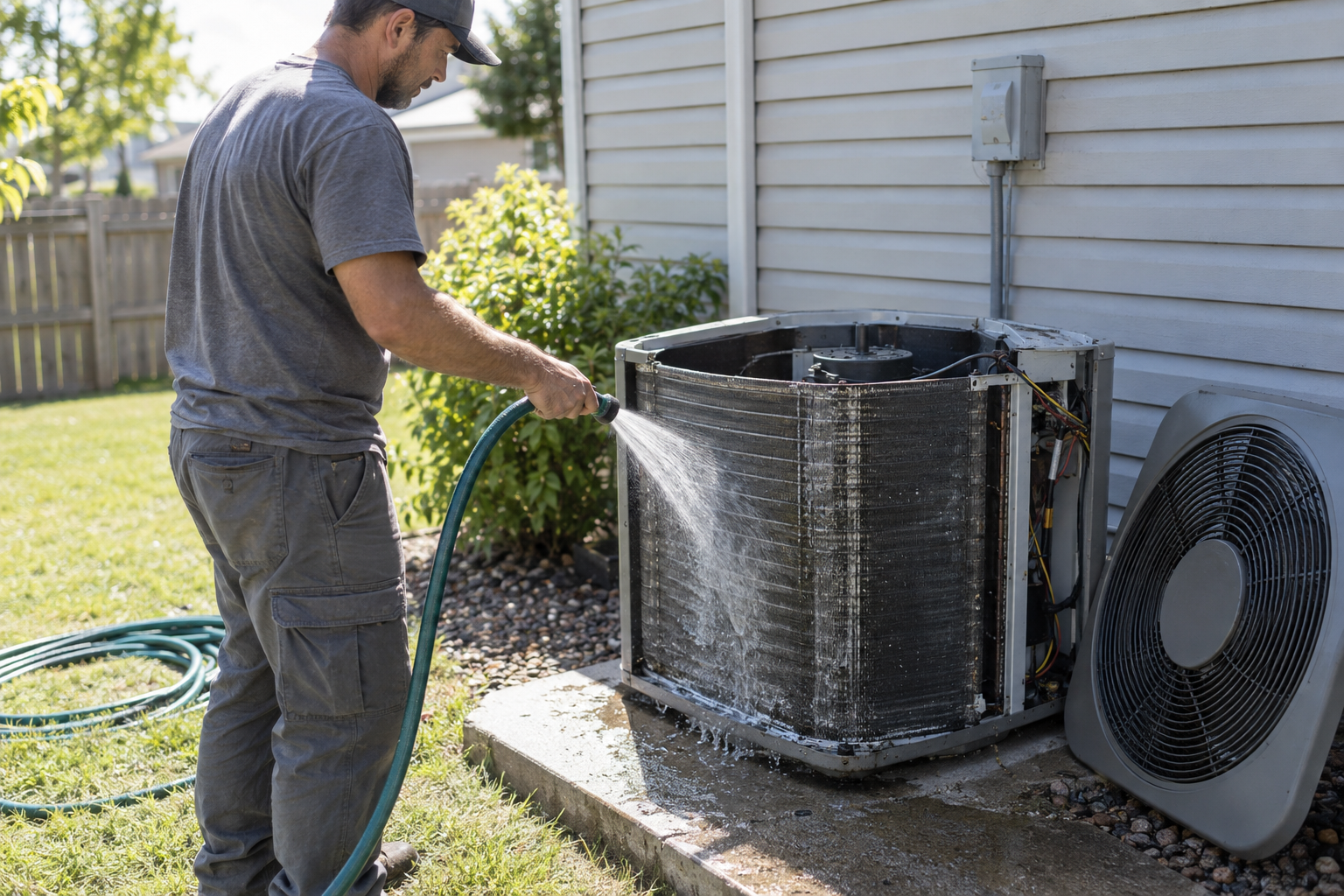 Technician rinsing a condenser coil with a garden hose