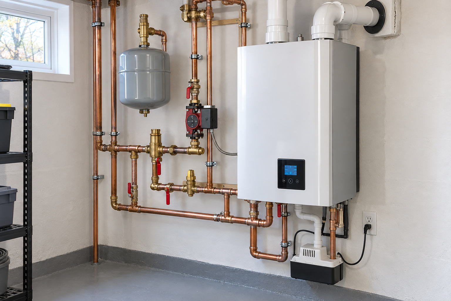 Newly installed wall-hung boiler with bright copper piping