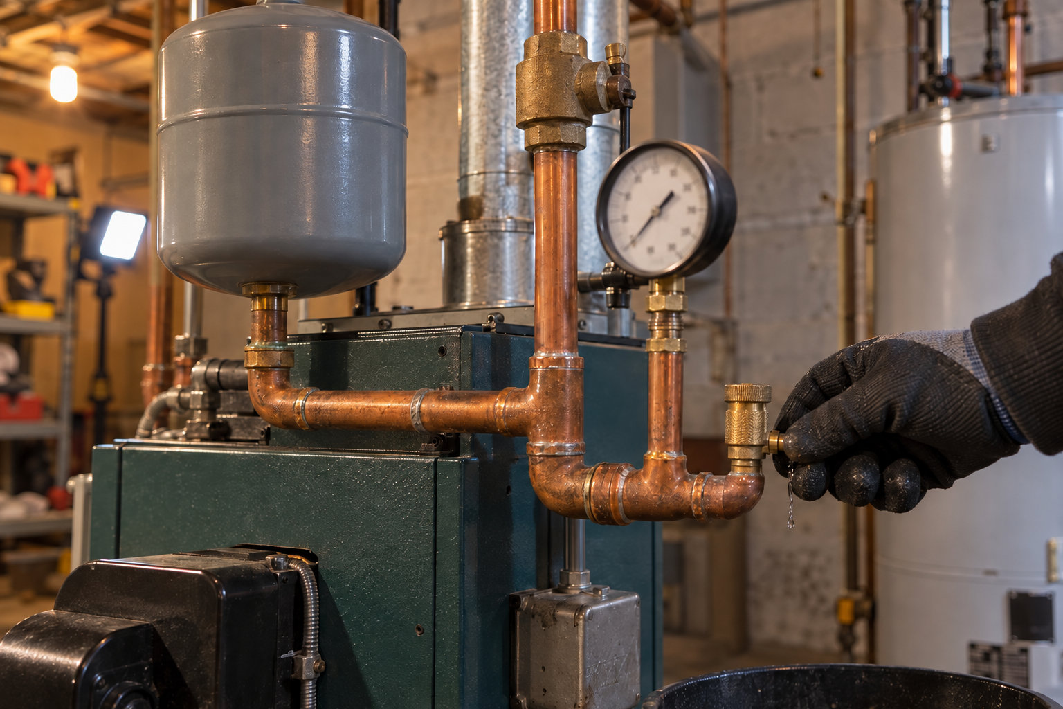 Residential gas boiler with copper piping and a pressure gauge