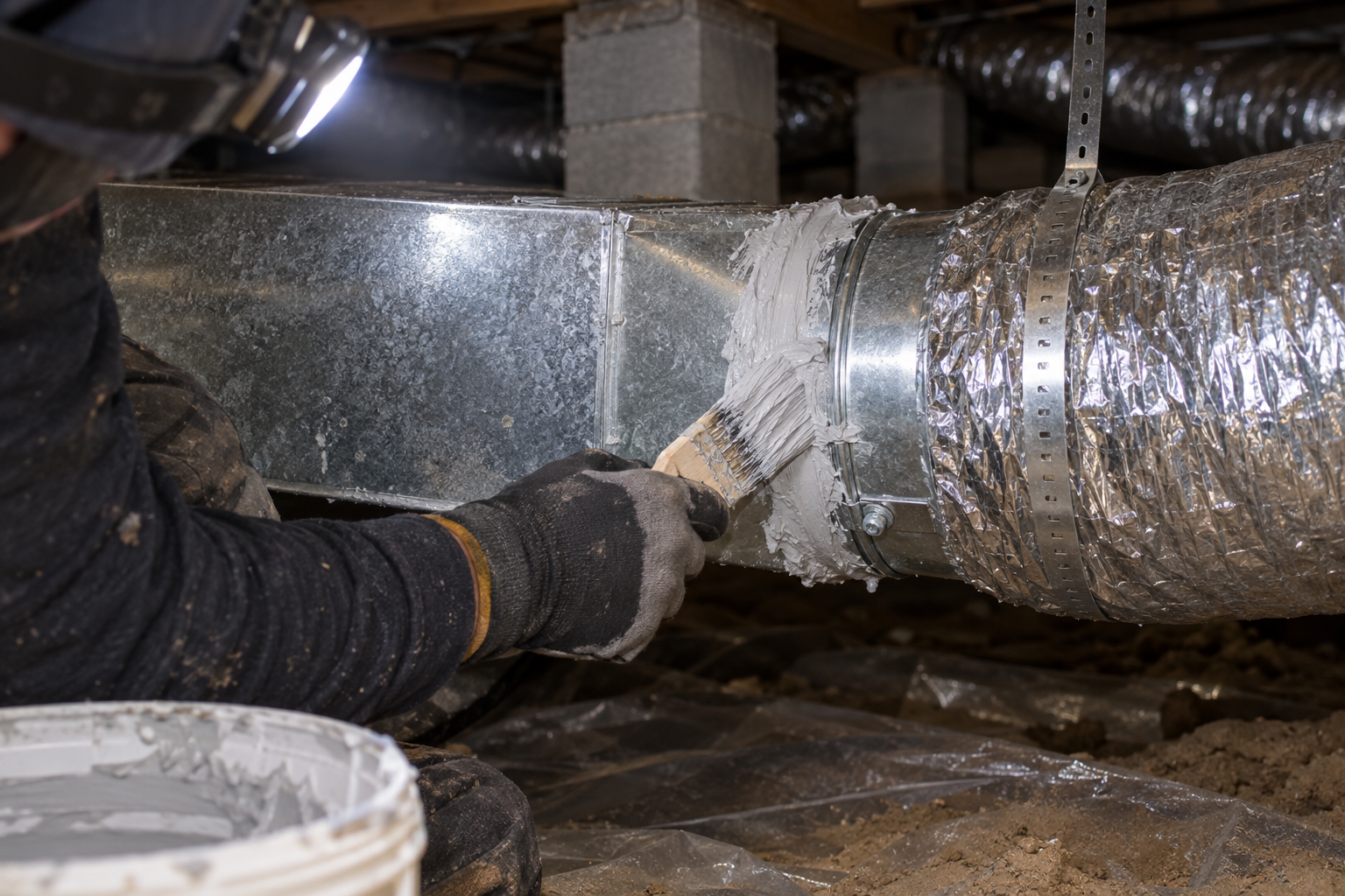 Gloved hands brushing mastic onto a flex duct joint in a crawlspace