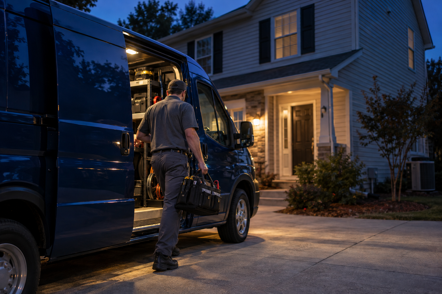 Service van in a driveway at dusk with a technician stepping out