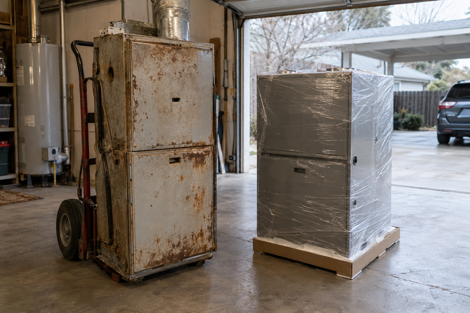 Old rusted furnace on a hand truck beside a new furnace in a garage