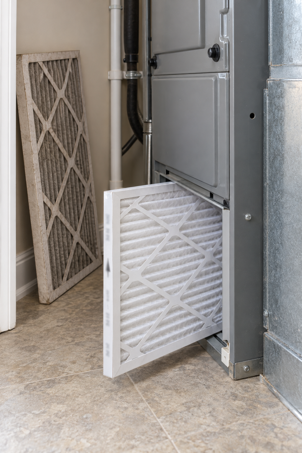 Clean pleated filter sliding into a furnace filter slot