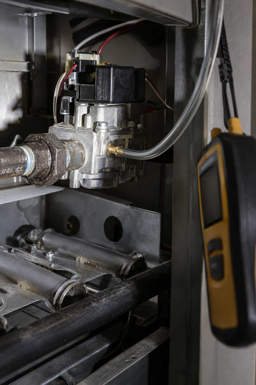 Manometer tube connected to a furnace gas valve pressure tap