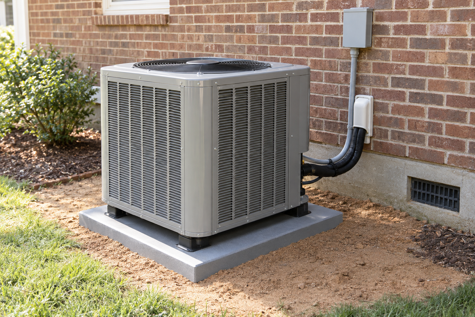 New heat pump outdoor unit on a level pad beside a brick house