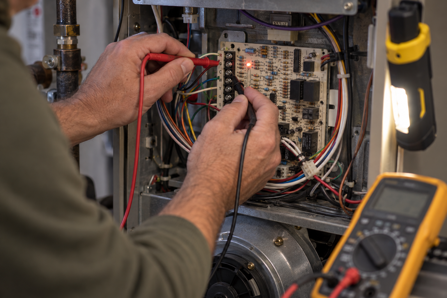 Multimeter probes on the terminal strip of a furnace control board