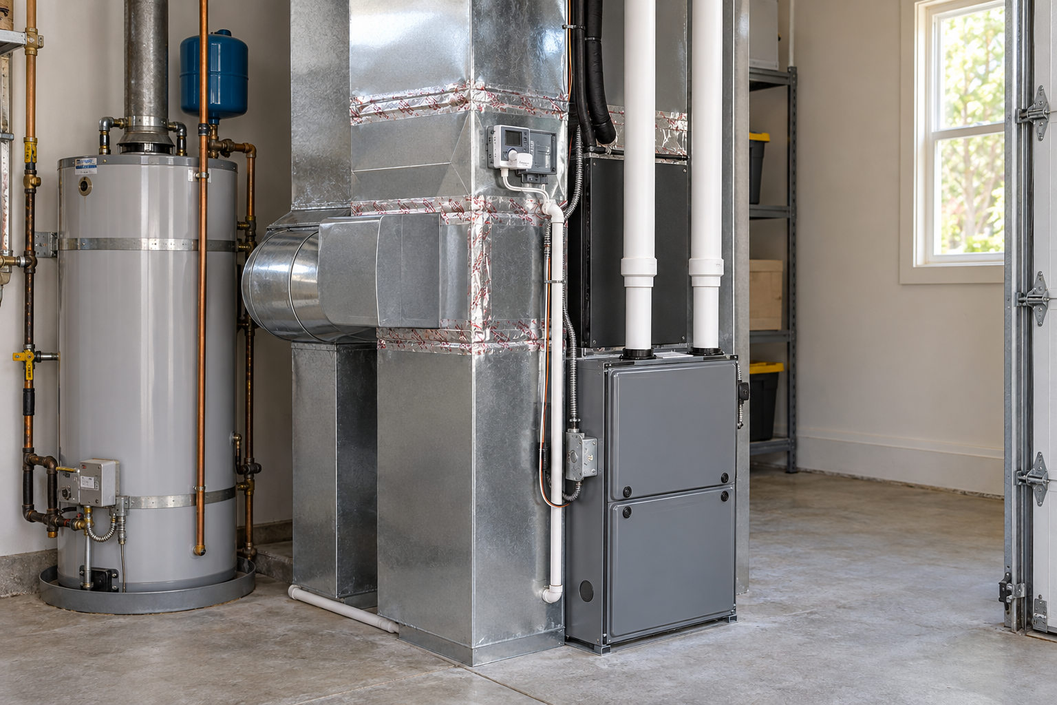 New furnace with an evaporator coil case and foil-taped plenum in a garage