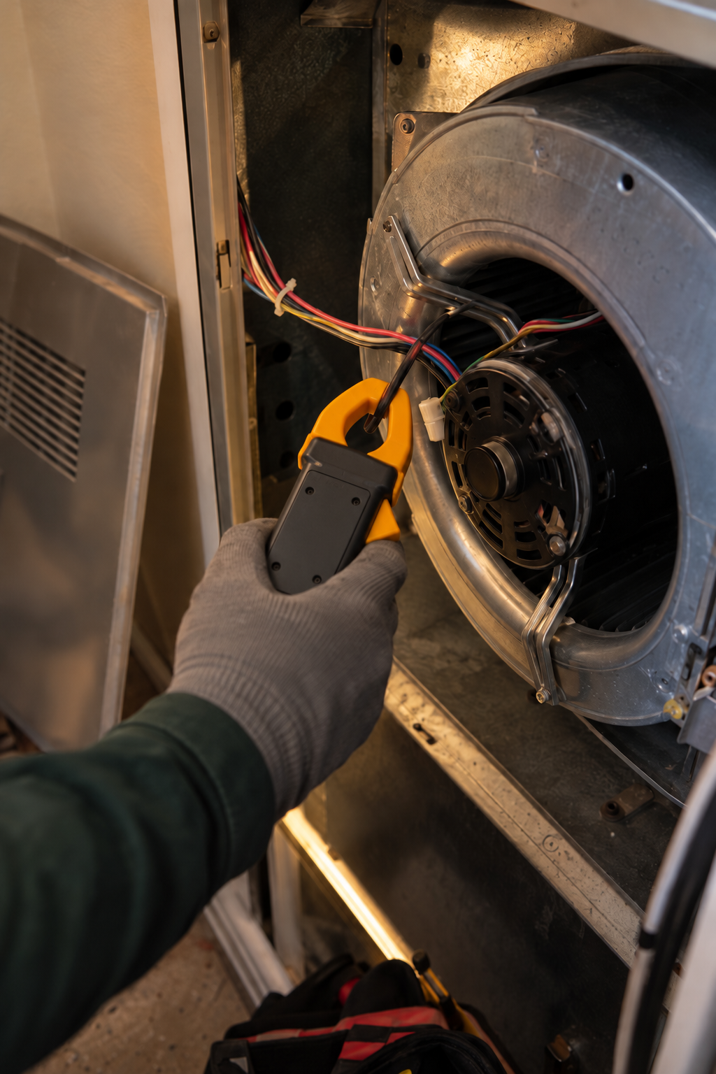 Clamp meter around a blower motor wire inside an open furnace blower compartment