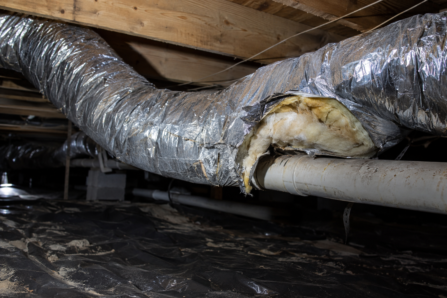 Flex duct sagging and pinched flat between floor joists in a crawlspace