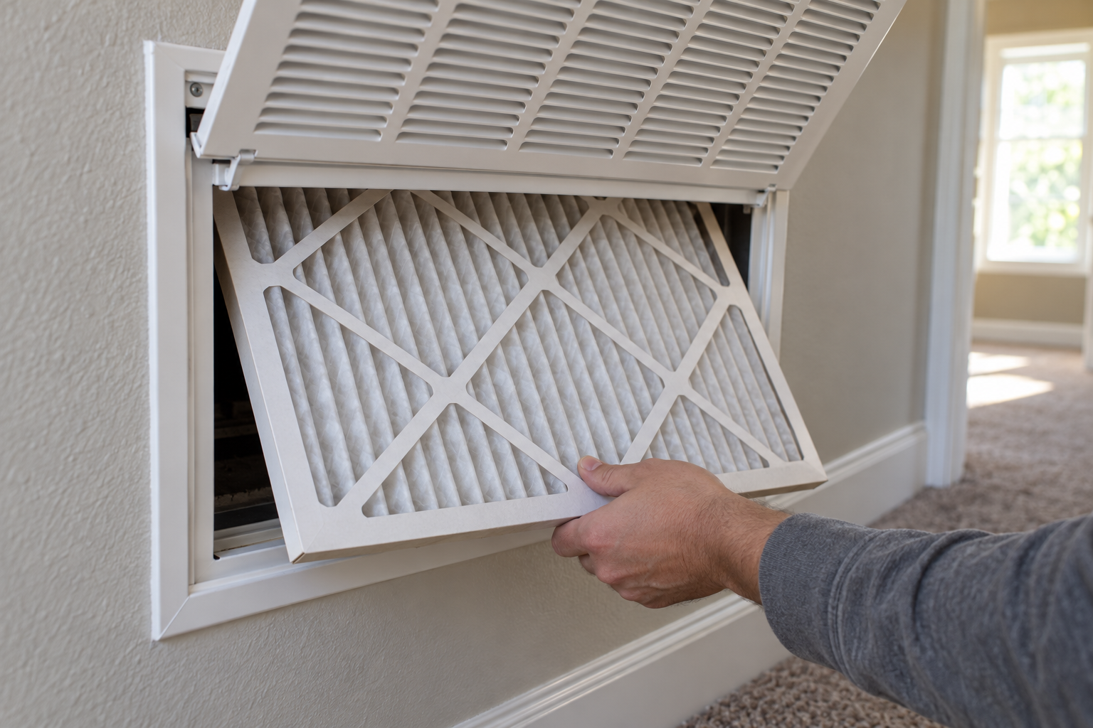 Hand sliding a new pleated air filter into a return-air grille