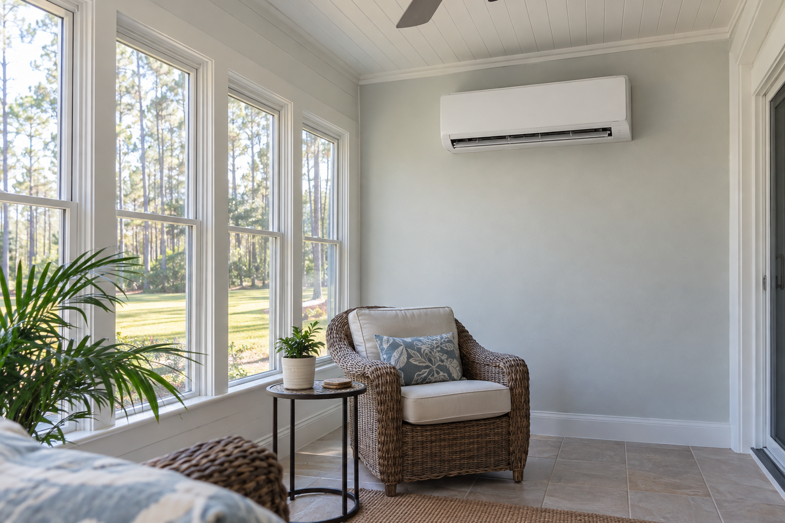 Ductless mini split indoor head mounted high on the end wall of a sunroom